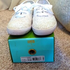 Kate Spade/Keds Limited Edition white satin laced glitter shoes✨